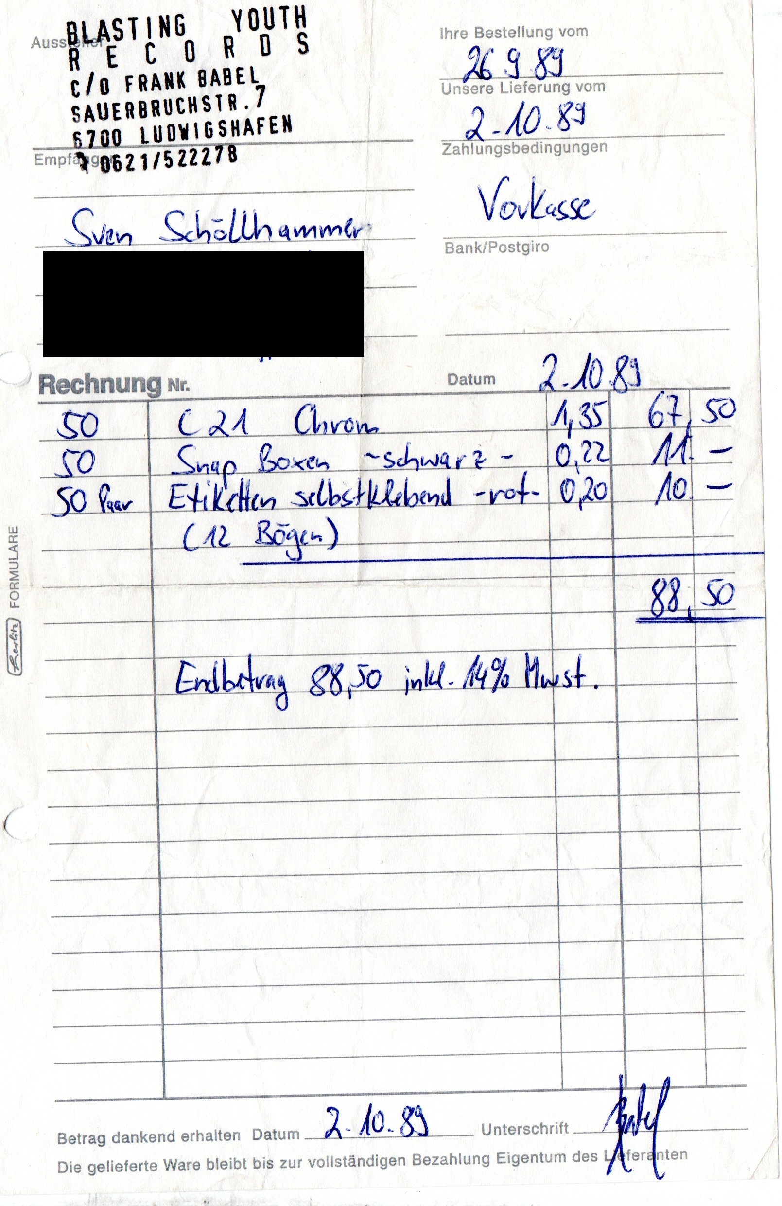 Excalibur: die Rechnung für das Demo „Z“, 2. Oktober 1989