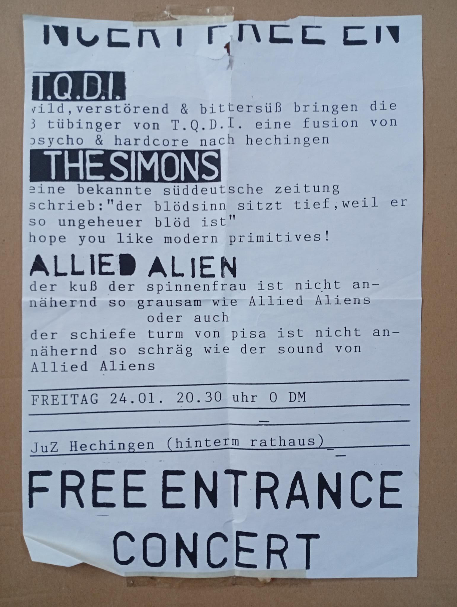 Allied Aliens: JuZ Hechingen, 24. Januar 1992 — Konzertflyer