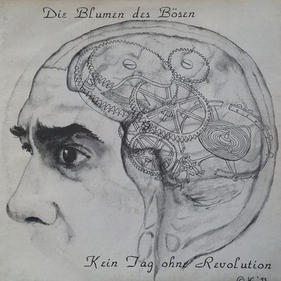 Bleistiftzeichnung eines Kopfes im Profil, das Gehirn ein Uhrwerk aus Zahnrädern