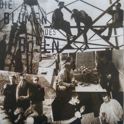 Fotocollage: Schattenwurf mit dem Bandnamen, die Gruppe auf einem Stahlgerüst, an einem Grab mit Blumen, in Gruppenbildern