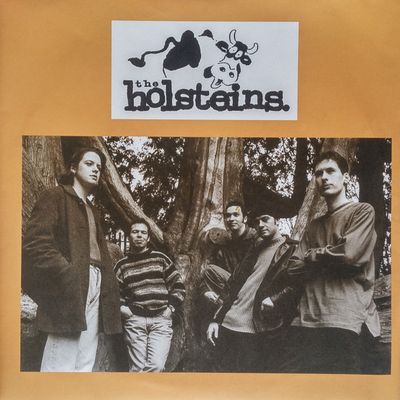 Bandfoto der nordirischen Gruppe The Holsteins mit ihrem Kuh-Logo