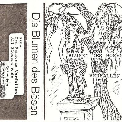 Federzeichnung: verbundene Statue mit Buch vor einer Trauerweide, daneben die Titelliste